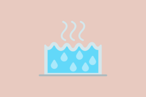 Abstrakte Grafik von Wasser mit Dampfwellen, blaue Tropfen gegen rosa Hintergrund. Symbole für Verdunstung. Warmwasser wird durch eine Brauchwasserwärmepumpe aufbereitet.