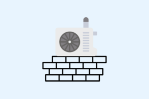 Illustration einer Wärmepumpe auf einem Fundament, energiesparende Heiztechnologie für umweltfreundliche Wohngebäude.