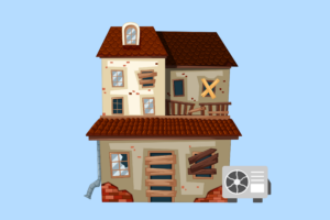 Altbau mit einer Wärmepumpe mit kaputten Fenstern und Brettern, vor blauem Himmel im Cartoon-Stil.